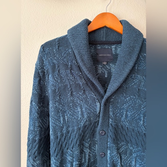 American Eagle Men’s Chunky Knit Shawl Collar Grandpa Cardigan Teal Blue Large - Picture 3 of 9